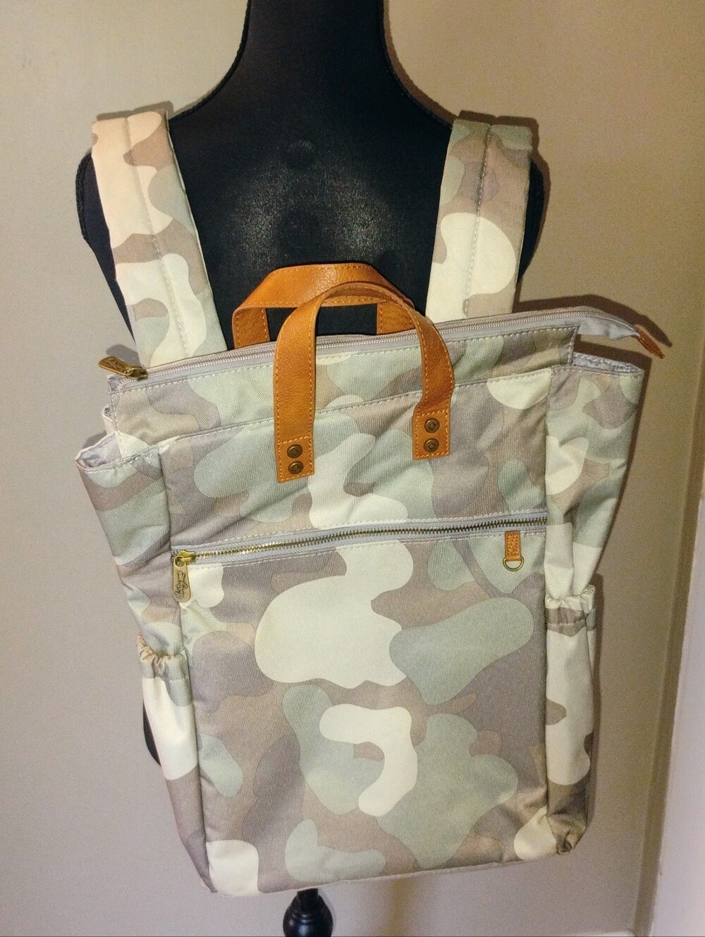 Thirty-one  journey Camouflage Canvas Backpack with Tan Leather Handles